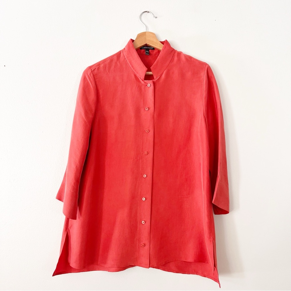 Eileen Fisher Women’s Orange Pink Silk Button Up Collared Blouse XS